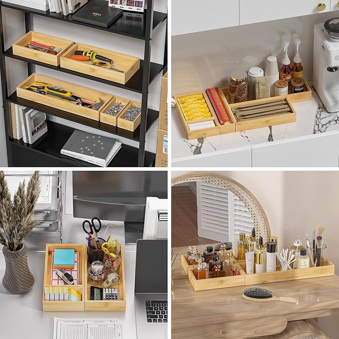 Bamboo Drawer Organizer, Cutlery Silverware Organizer for Kitchen Drawer, Stackable Utensil Organizer, 2 Pcs Flatware Organizer for Drawer, Wooden Storage Box Tray (Bamboo, 9 X 6 X 2 Inch)