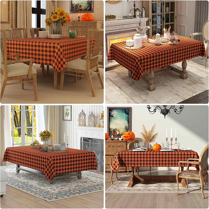 misaya Rectangle Waterproof Vinyl Table Cloth, Buffalo Flannel Backed Tablecloth, Wipeable Plastic Table Cover for Fall, Halloween (60" x 120", Orange and Black)