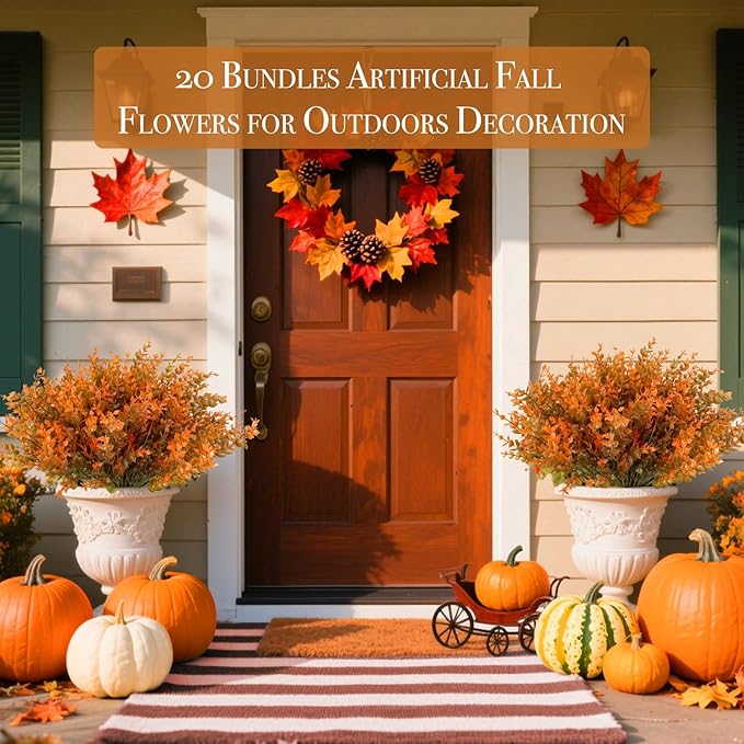 20 Bundles Artificial Fall Flowers for Outdoors Fall Decorations - UV Resistant Fake Mums Faux Plant Plastic Flowers Gardens Porch Fireplace Home Indoor Autumn Thanksgiving Decor(Brown Orange)