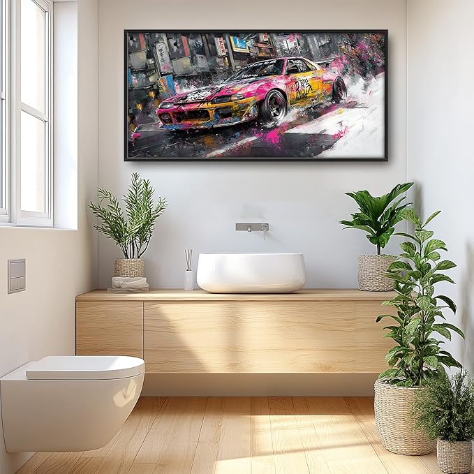 Flintis Large Japanese Graffiti Car Framed Wall Art Racing Car Pictures Wall Decor Abstract Street Racing Canvas Painting Print Artworks Framed for Living Room Bathroom Master Bedroom 60L X 30W