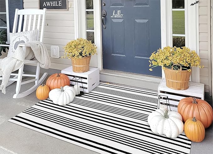 OJIA Black and White Outdoor Rug 3' x 5', Machine Washable Front Door Mats Outdoor, Cotton Hand-Woven Striped Porch Rug Entryway Rug Indoor/Outdoor Area Rug Floor Mat for Farmhouse/Living Room