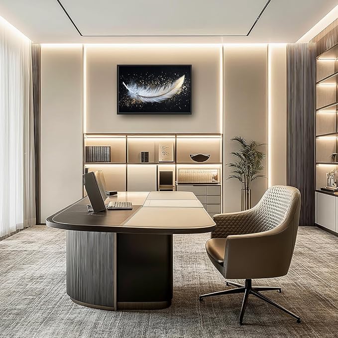 Flintis Large Feather Framed Wall Art White and Gold Feather Pictures Wall Decor Abstract Modern Canvas Painting Print Artworks Decor Framed for Living Room Bathroom Master Bedroom 36L X 24W