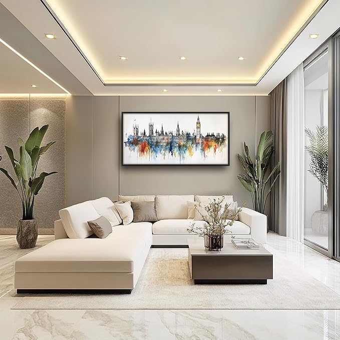 Flintis Large London Framed Wall Art Big Ben Pictures Wall Decor Abstract City Landscape Watercolor Canvas Painting Print Artworks Decor Framed for Living Room Bathroom Master Bedroom 60L X 30W