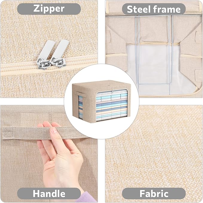 2 Pack Clear Window Storage Bins Large Foldable Fabric Storage Bins Boxes for Clothes Stackable Box Organizer Set with Carrying Handles (Beige, 19.7x 15.7x 12.5 Inch)
