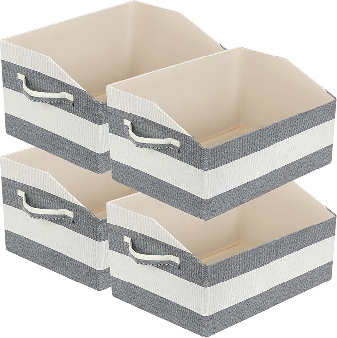 Linen Closet Organizers and Storage, Trapezoid Fabric Bins, Home Office Organization Baskets Striped Collapsible Box with Handles for Clothes, Blanket, Books, DVD, 4 Pack, Black/White