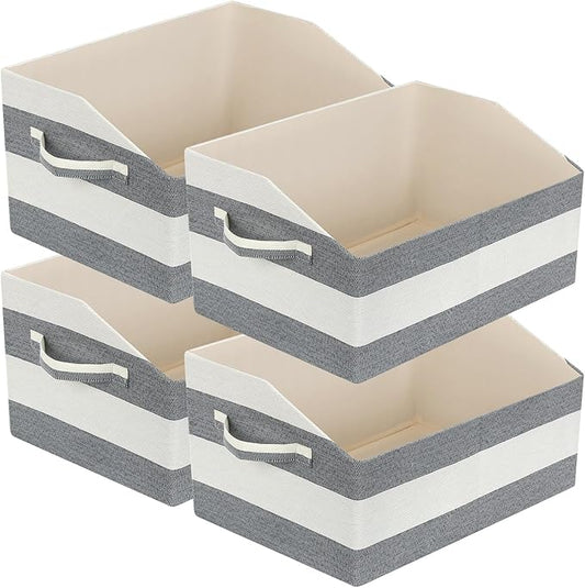 Linen Closet Organizers and Storage, Trapezoid Fabric Bins, Home Office Organization Baskets Striped Collapsible Box with Handles for Clothes, Blanket, Books, DVD, 4 Pack, Black/White