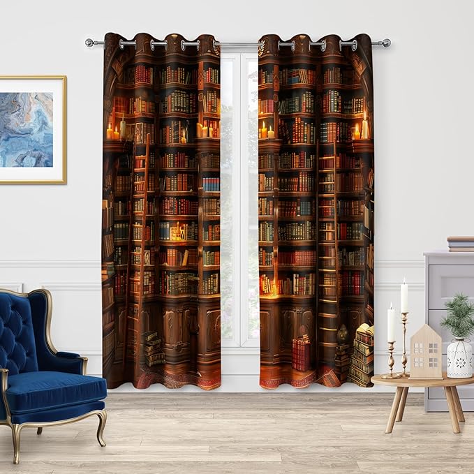 Jekeno Vintage Bookshelf Blackout Curtains Library Books Bookcase Ladder Candle Decor Shading Drapes for Bedroom Study Classroom Living Room Darkening Grommet Window Drapes 2 Panel Set, 52"x84"
