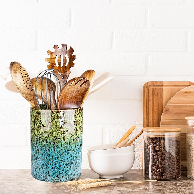 Utensil Holder, Ceramic Kitchen Utensil Holder for Countertop, Large Cooking Utensil Crocks for Kitchen Counter, Morden Utensil Organizer for Spatula, kitchen Decor,Green & Blue
