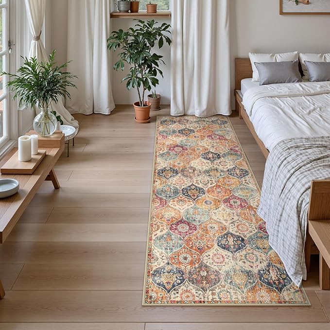 Lahome Moroccan Washable Kitchen Runner, 2x7 Runner Rug with Rubber Backing Non Slip, Vintage Hallway Rug Throw Carpet for Hallways Bedroom Laundry Room Entryway, Cream/Multi