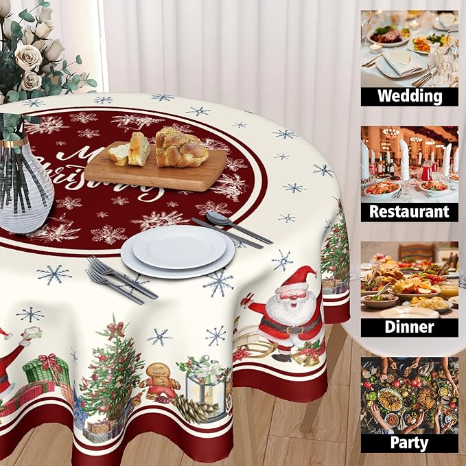 Christmas 60 Inch Round Tablecloth Merry Christmas Trees Round Table Cloth Xmas Santa Decorative Table Cloth Christmas Snowflakes Dining Table Cover for Winter Holiday Farmhouse Party Picnic Decor