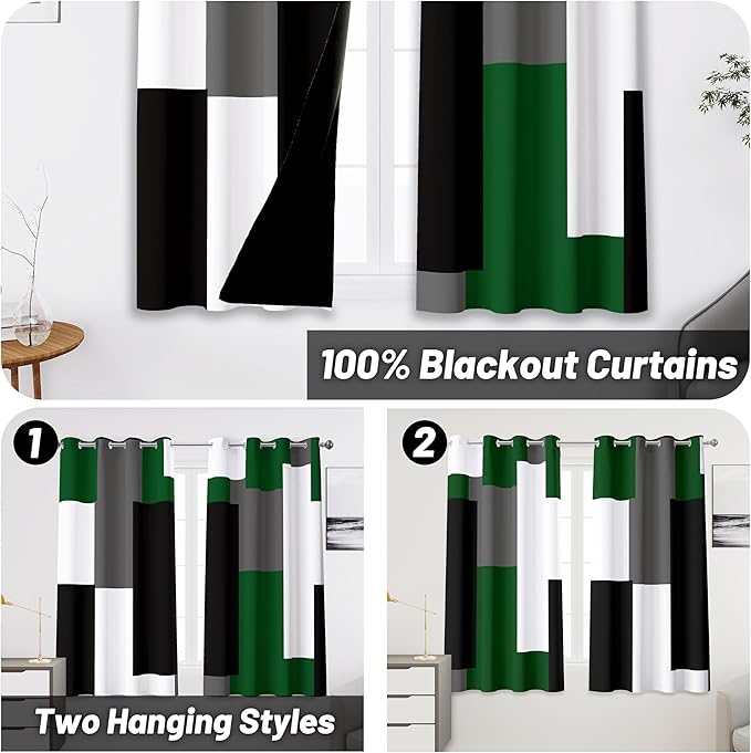Green 100% Blackout Curtains 45 inch Length 2 Panels Set White Grey Modern Abstract Geometric Drapes for Kitchen Black Out Curtains Insulated Room Darkening Small Window Curtains, 52Wx45L