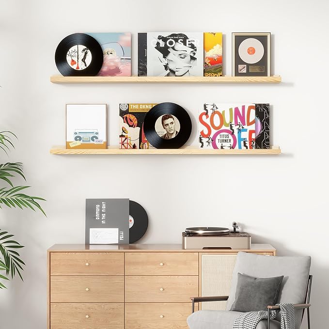 Picture Ledge Shelf for Wall, 36 inch Solid Pine Wood Nursery Book Shelves 2 Packs, Floating Ledge Shelves for Kids' Room Bedroom Bathroom Living Room Photo Frames Office Nursey Wall Decor, Natural