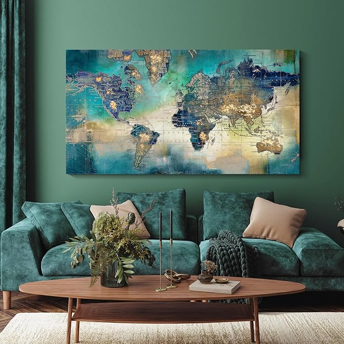 Large World Map Canvas Prints Wall Art for Living Room Office "24x48" Green World Map Picture Artwork Decor for Home Decoration