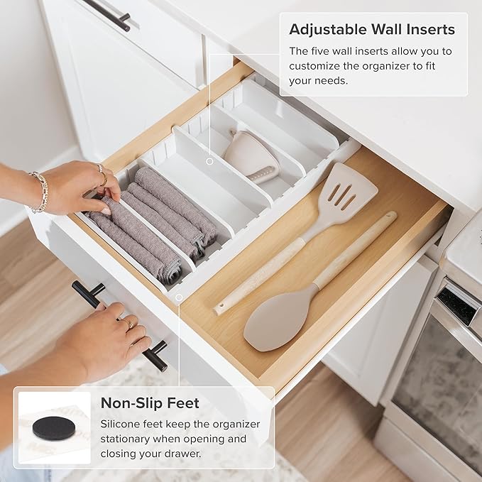 Bamboo Kitchen Towel and Food-Storage Organizer, Perfect for Kitchen Drawers, Cabinets, Pantry, 5 Adjustable Wall Inserts, Non-Slip Feet, Organize Food Containers, Food-Safe White Finish