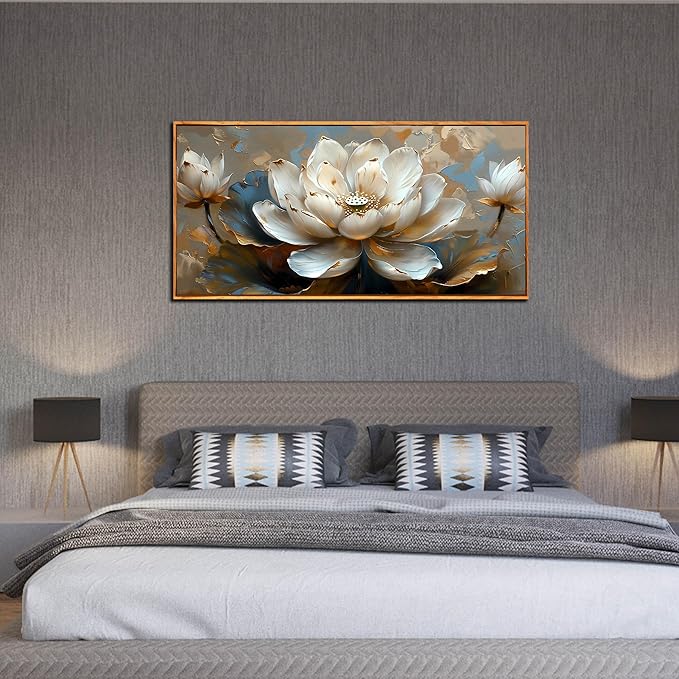 Lotus Canvas Wall Art - White Flower Painting - Modern Framed Art Size 24" x 48" for Living Room