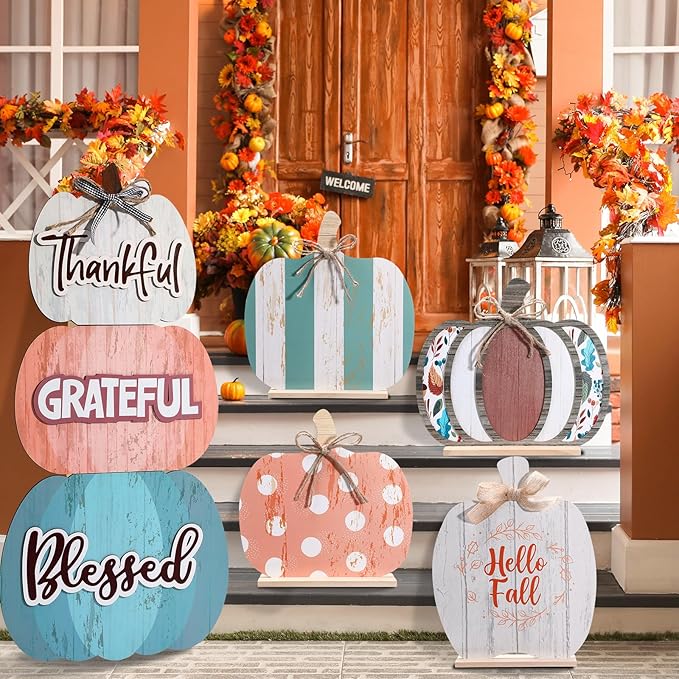 Bucherry 5 Set Fall Porch Decoration Pumpkin Wood Porch Standings Thankful Grateful Blessed Hello Fall Welcome Sign Decor with Base for Thanksgiving Festival Home Front Door Garden(Morandi Style)