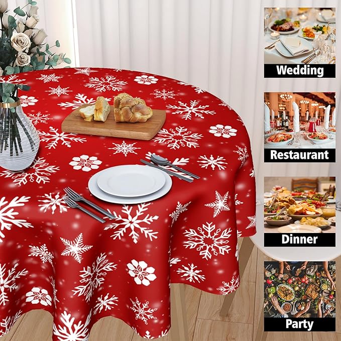 Merry Christmas Round Tablecloth 60 Inch Winter Red White Snowflakes Round Tablecloth for Christmas Washable Xmas Table Cloth for Home Kitchen Dining Room Patio Picnic Party Indoor Outdoor Decor