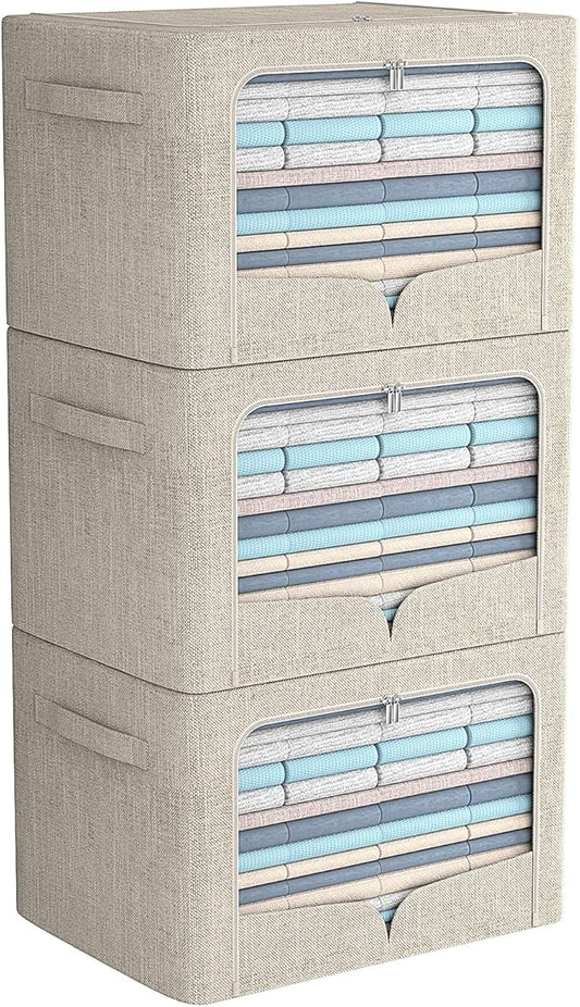 3 Pack Clothes Storage Bins Foldable Metal Frame Storage Box Stackable Linen Fabric Organizer Set with Carrying Handles and Clear Window (Beige, 15.7x11.8x7.8inch(22L))