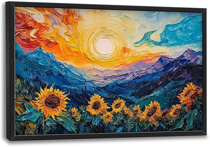 Sunflowers Framed Wall Art for Living Room, Large Flowers Canvas Wall Decor, Vintage Florals Pictures Painting, Modern Landscape Artwork for Bathroom Bedroom 36L'' × 24W''