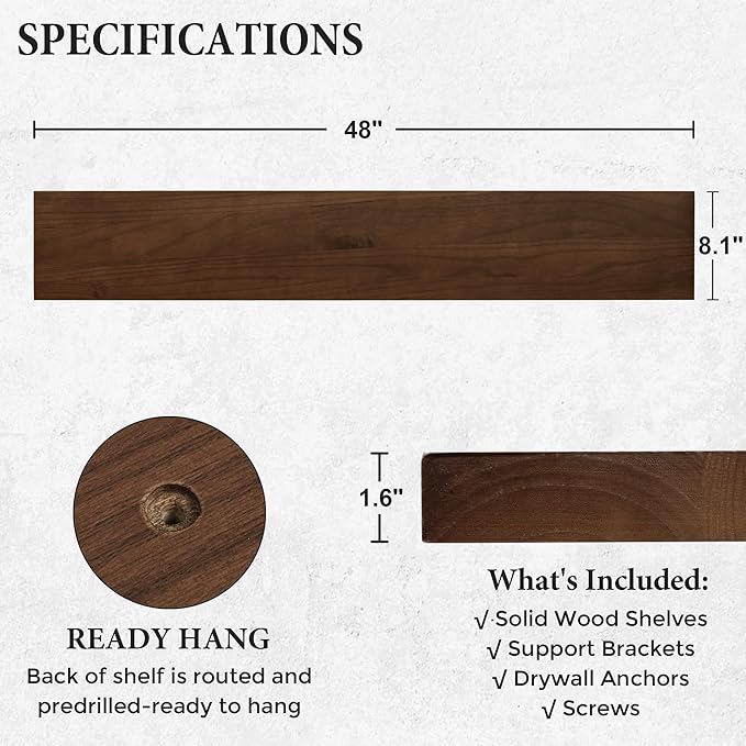 Axeman Floating Shelves, 8 Inch Deep Modern Solid Wood Wall Shelves for Storage, Wall Mounted Display Shelving with Invisible Heavy-Duty Metal Bracket, 48" W x 8" D x 1.6" H, Walnut