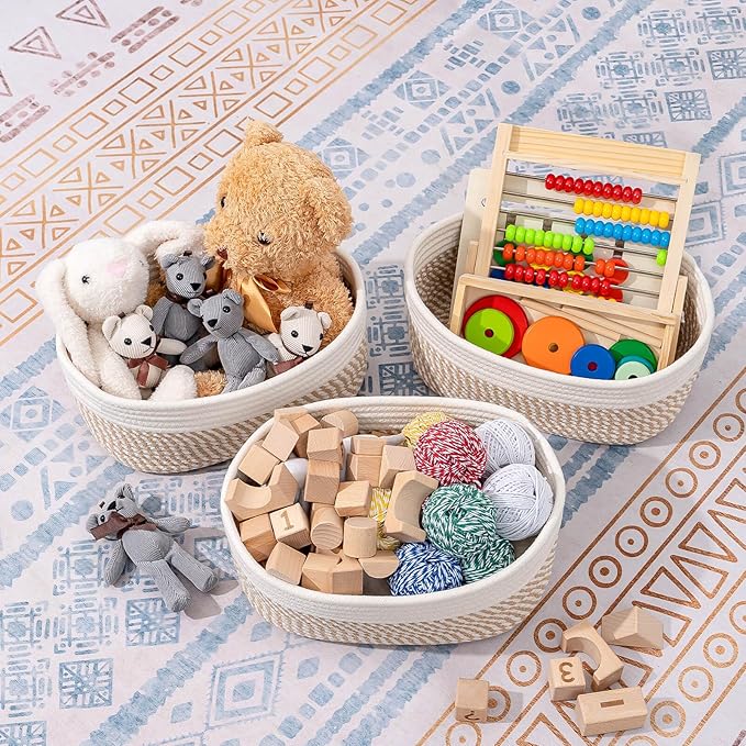 CubesLand Small Storage Baskets for Shelves, Closet Organization Bins Empty Gift Basket 2 Packs Baby Nursery Woven Organizing, Rectangular Clothes Shelves Off White/Mixed Camel