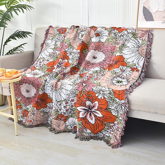 Boho Throw Blanket Reversible Cotton Bohemian Tapestry Hippie Room Decor Outdoor Blanket Double Sided (Boho Flower 50"x60")