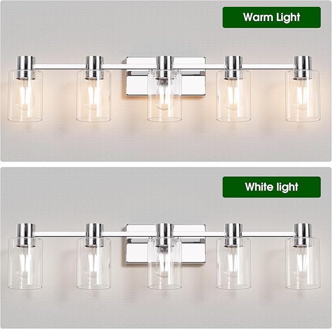 5-Light Modern Vanity Light Fixtures Over Mirror, Chrome Bathroom Light Fixtures, Vanity Lights, Wall Sconce with Clear Glass Shade for Bathroom, E26 Base