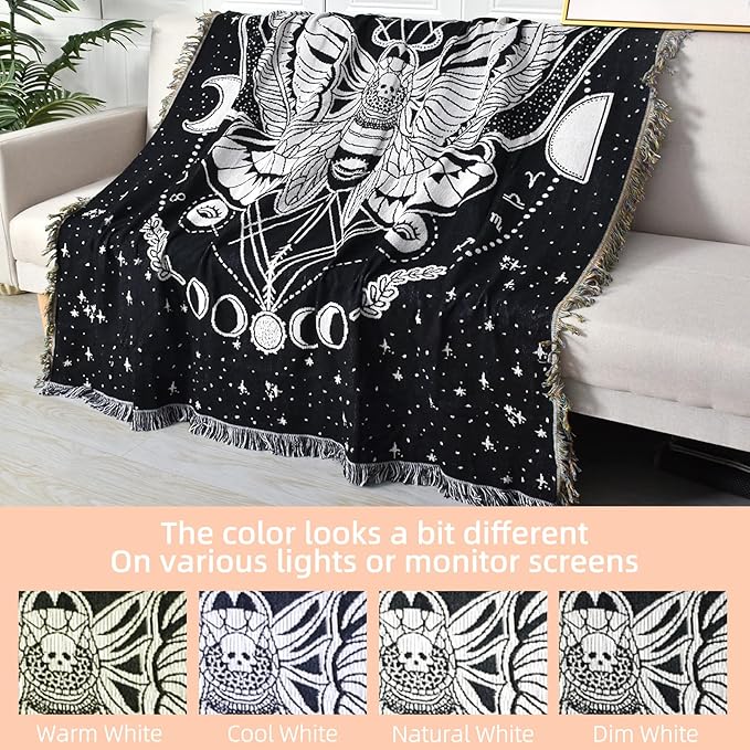 Boho Throw Blanket Reversible Cotton Bohemian Tapestry Hippie Room Decor Double Sided (Month Moth Black 50"x60")