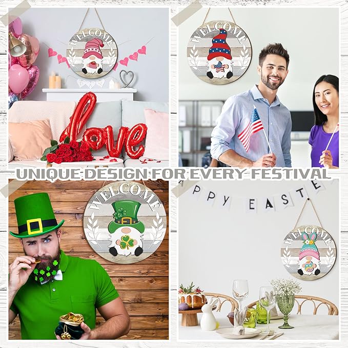 Qunclay Interchangeable Wooden Gnome Decor Holiday Seasonal Gnome Decorations with Magnet Pieces and Detachable Hats Changeable Welcome Sign for Home(Yellow and Grey)