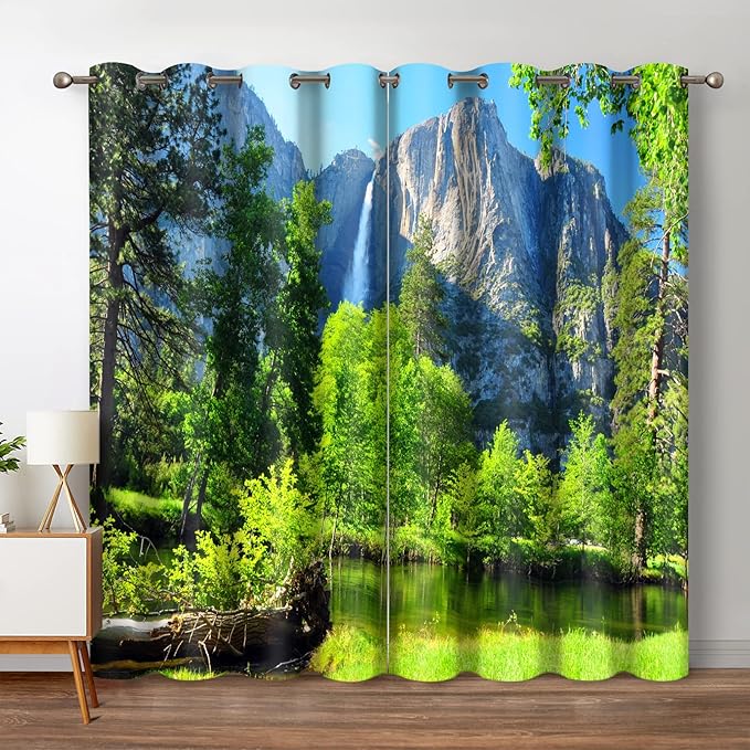 Jekeno Mountains Forest Blackout Curtains Jungle Green Trees River in Bright Sunshine Nature Scenery Decor Bedroom Living Room Darkening Grommet Window Drapes 2 Panel Set, 52"x63"