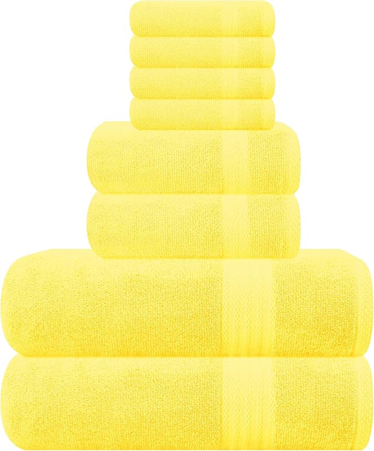 GLAMBURG Ultra Soft 8-Piece Towel Set - 100% Pure Ringspun Cotton, Contains 2 Oversized Bath Towels 27x54, 2 Hand Towels 16x28, 4 Wash Cloths 13x13 - Ideal for Everyday use, Hotel & Spa - Yellow