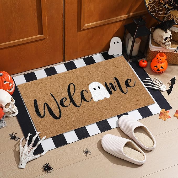 2 Pcs Halloween Door Mat Ghost Welcome Non Slip Coir Mats Cute Black White Stripe Floor Layering Doormats Seasonal for Front Porch Entryway Decor(White Ghost)