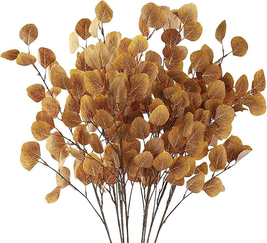 Sggvecsy 6 Pcs Fall Eucalyptus Leaves Artificial Eucalyptus Stems Long Silver Dollar Leaves Autumn Leaf Branches Fake Silk Eucalyptus for Christmas Home Autumn Thanksgiving Decor(Dark Yellow)