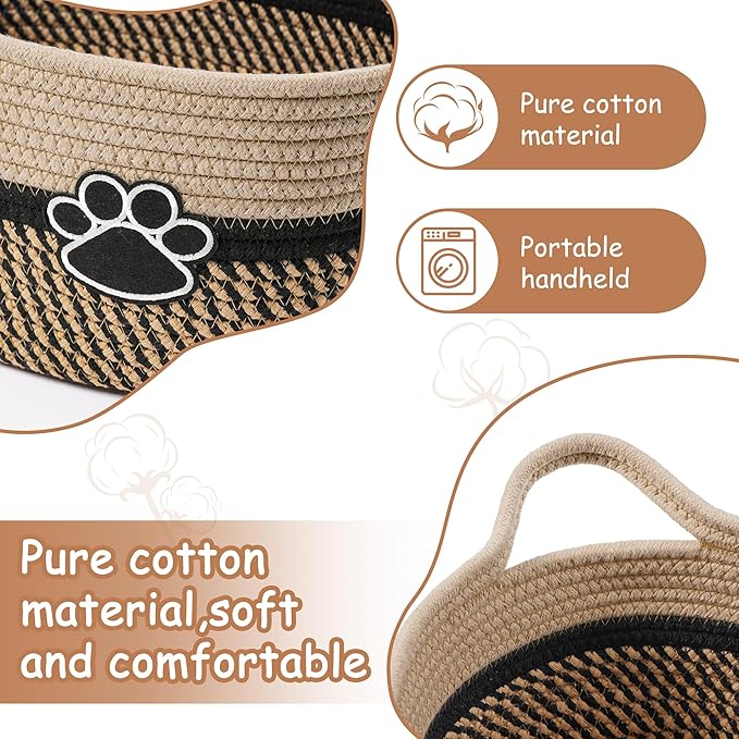 Small Woven Baskets for Organizing Rope Storage Basket with Handle Cute Cotton Nursery Gift Dog Toy Bins Organizer-Black&Beige