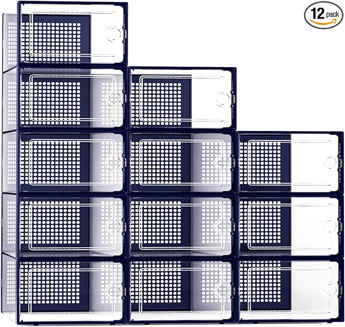 Kuject X-Large Shoe Storage Boxes Organizers Clear Plastic Stackable 12 Pack, Shoe Rack & Holder Substitute, Sneaker Containers, Toy Storage Organizer Bins for Entryway, Closet, Under Bed, Blue