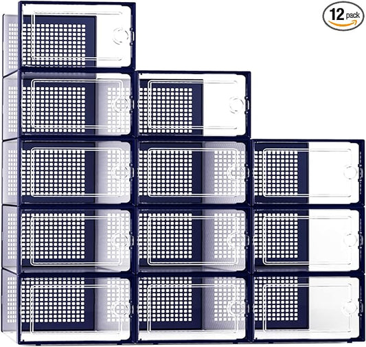 Kuject X-Large Shoe Storage Boxes Organizers Clear Plastic Stackable 12 Pack, Shoe Rack & Holder Substitute, Sneaker Containers, Toy Storage Organizer Bins for Entryway, Closet, Under Bed, Blue