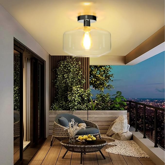 Semi Flush Mount Ceiling Lights, Industrial Ceiling Light, Glass Pendant Lamp Shade,11.8'' Inches Pendant Light Fixtures for Hallway, Entryway, Farmhouse, Kitchen (Black Seeded Glass)