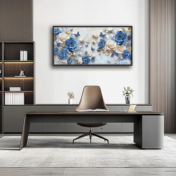 Framed Large Wall Art for Living Room, Blue and White Florals Canvas Wall Decor, Flowers Pictures Painting, Modern Artwork for Bedroom Office 60L'' × 30W''