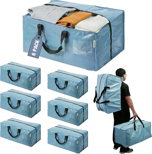 WORKPRO 6 Pack Extra Large Moving Bags with Zippers & Carrying Handles Backpack Straps, Heavy-Duty Storage Tote for Space Saving & Storage, Alternative to Moving Box (Dusty Blue)