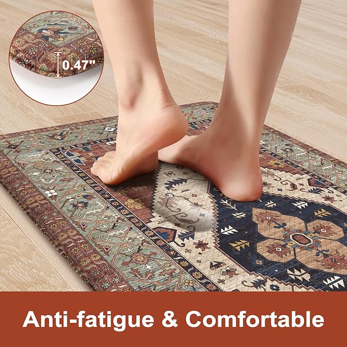 KIMODE Anti Fatigue Kitchen Mats, Boho Distressed Kitchen Rugs 20"x47"+20"x32", Non-Slip Waterproof Kitchen Floor Mats, Comfort Mats for Kitchen Floor, Sink, Laundry, Office, Desk Red