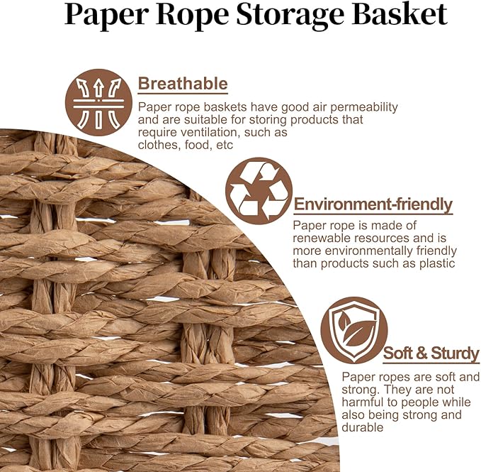 OIAHOMY Wicker Baskets, Paper Rope Storage Baskets for Organizing with Built-in Handles, 2 Packs-Yellow