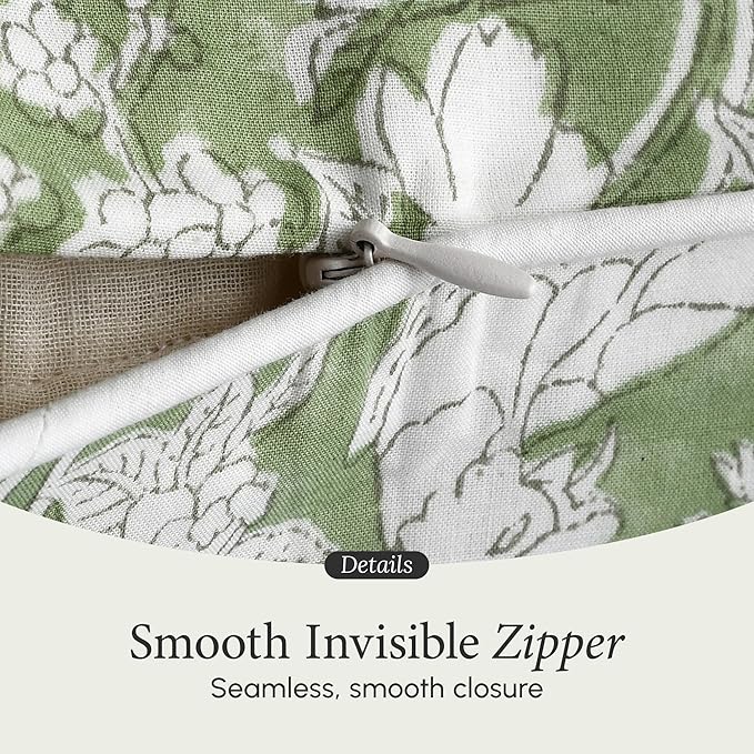 CPC 100% Cotton Throw Pillow Covers 18x18 Inch, Set of 2 Green Block Print Pattern Couch Pillow, Cute Boho Decorative Pillows for Living Room, Bedroom with Hidden Zipper- Olive Green