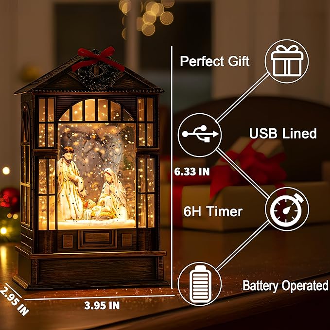 Christmas Snow Globe, Lighted Angel Guarding Nativity Scene, Musical Snow Water Lantern Swirling Glittering Holiday Decoration and Gift for Family Children or Friends