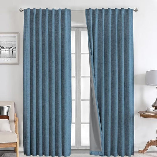Joydeco Natural Linen Curtains 108 inch Length 2 Panels Set Burg 100% Blackout Patio Door Curtain Room Darkening Sliding Door Curtains Thermal Insulated Back tab Rod Pocket(105x108 inch, Sky Blue)