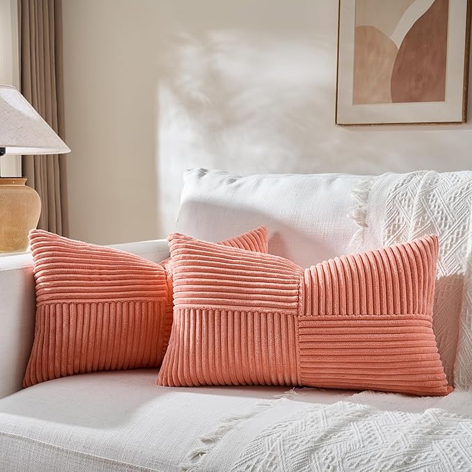 Fancy Homi 4 Packs Coral Lumbar Decorative Throw Pillow Covers 12x20 Inch for Living Room Couch, Rustic Farmhouse Boho Home Decor, Soft Striped Corduroy Rectangle Accent Peach Cushion Case 30x50 cm