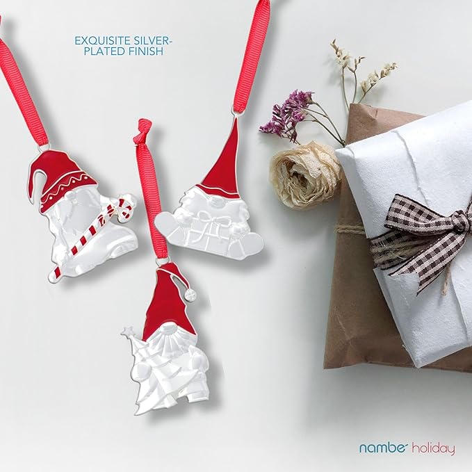 Nambe Whimsical Holiday Mini Gnome Ornament Set – 3 Silver-Plated Hanging Gnome Decorations for Christmas Tree, Seasonal Collectible Ornaments, 3" Each, Silver Plate