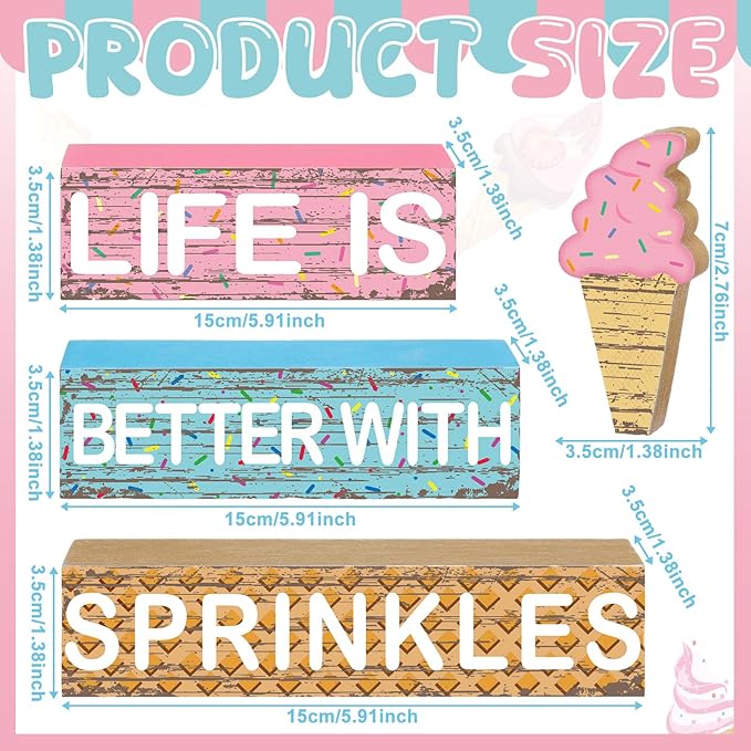 Geelin 4 Pieces Summer Ice Cream Table Wooden Decorations Ice Cream Wood Sign Centerpiece Home Decor Bar Party Decorations Blocks Tiered Tray Table Top Sign for Home