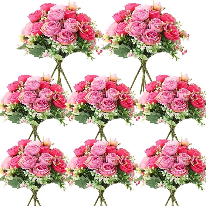 Geosar 8 Bundles Artificial Peonies Flowers Fake Silk Peony Bouquet Faux Peonies Flowers Bulk for Decoration Vase Florals Arrangements Wedding Party Table (Rose Pink,Light Pink)