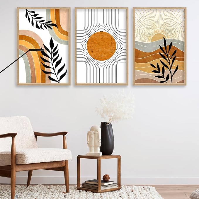 Geometric Sun Desert Plant Wall Art 16"x24" Set Of 3 Boho Wooden Framed Abstract Minimalist Sign Living Room Aesthetics Botanical Nature Illustrations Bedroom Office Wall Hanging Decor (Wood)