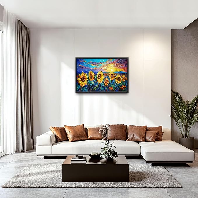 Sunflower Large Wall Art for Living Room Framed, Floral Wall Decor Pictures, Sunflower Field Landscape Canvas Print Painting, Aesthetic Artwork Bedroom Office Home Decor 36"x24"